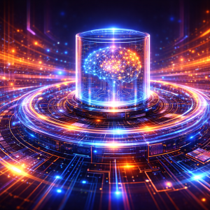 Advanced AI Core Surrounded by Spinning Circuits