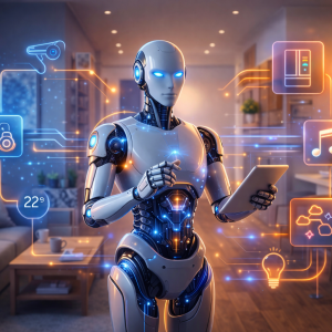 Advanced Robot Assistant Navigating a Modern Home